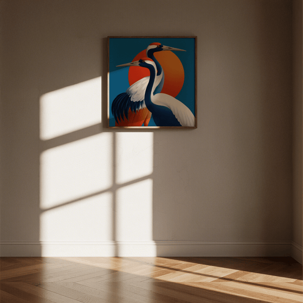 Contemporary Large Birds Wall Art Orange and Blue tones for library wall art