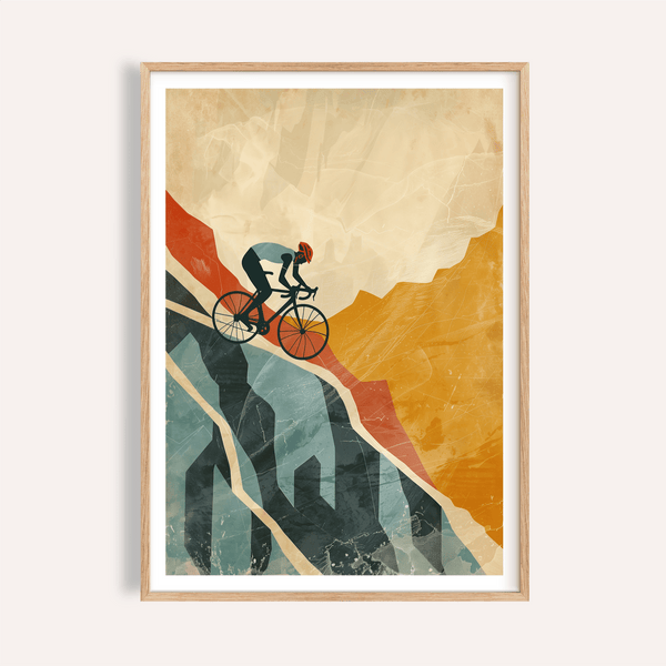 Climbing cyclist silhouette wall art poster on angular mountain ridge, Mountain Biking Art Print
