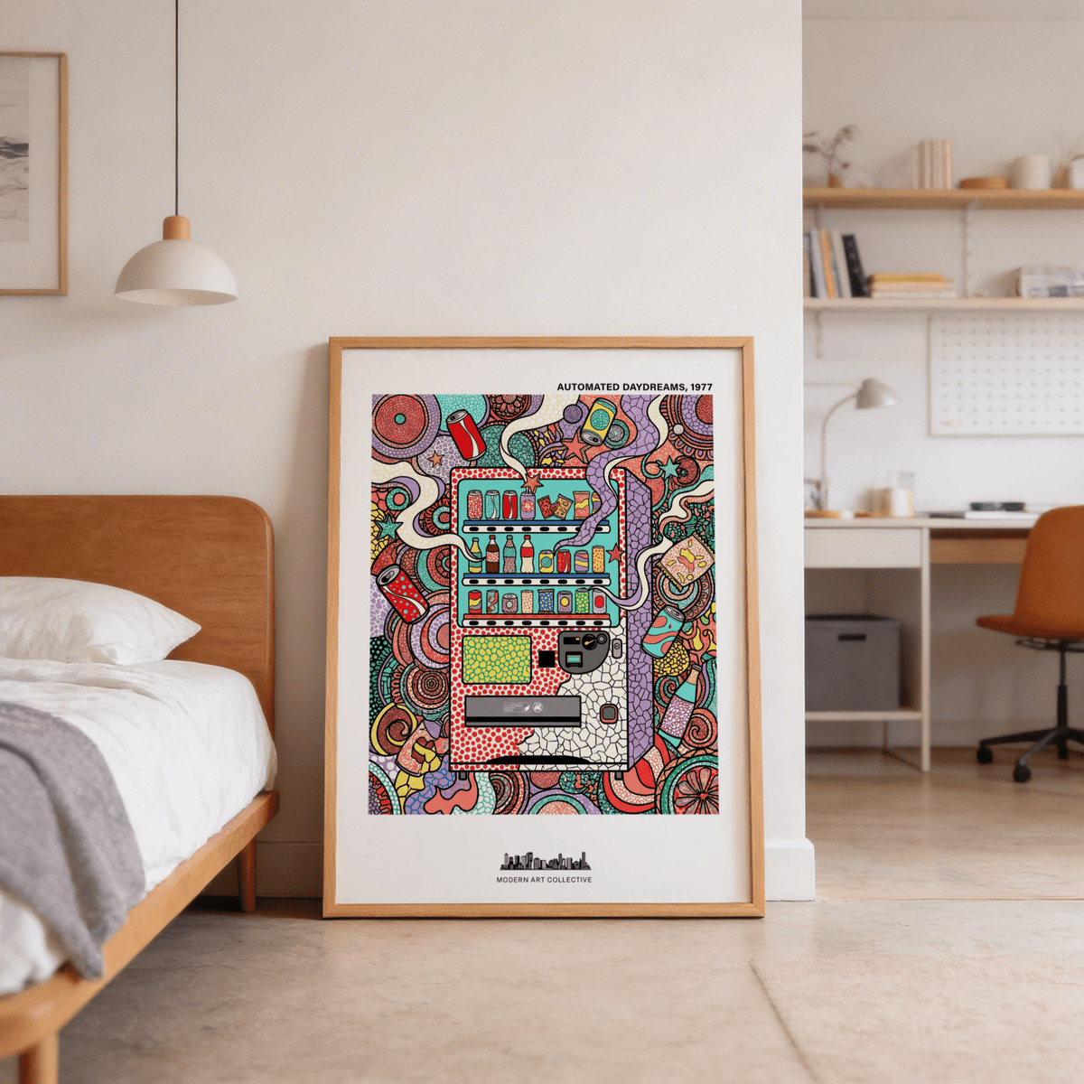 Illustrated vending machine wall art with floating soda cans and dense pop-art background