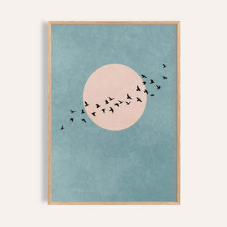 Wall Art Birds print with blue and pink, ideal for living room wall art