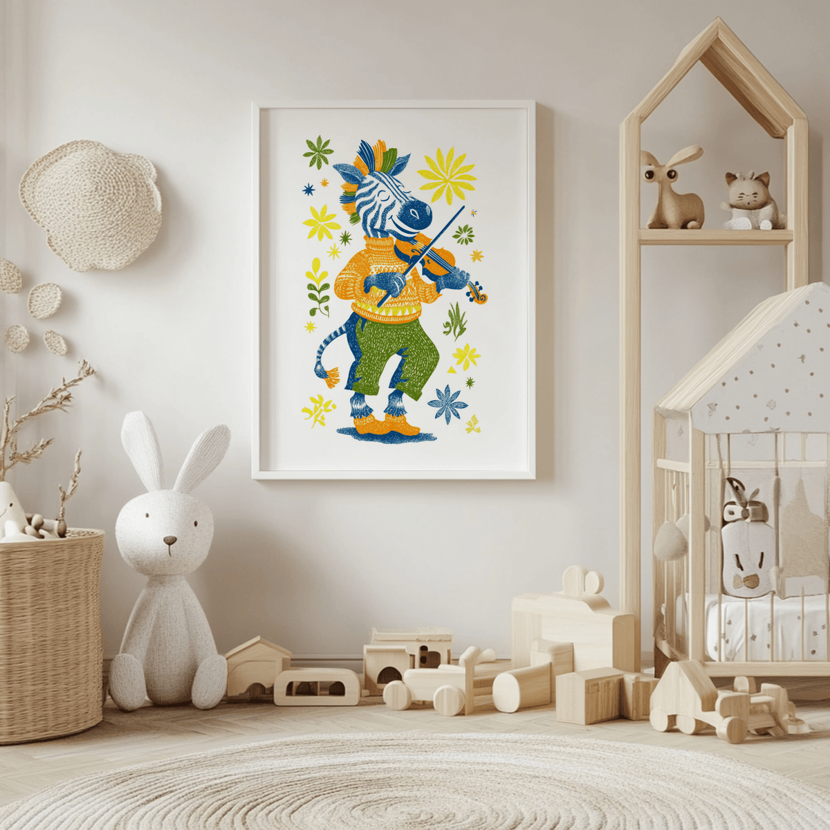 Zebra Playing Violin Poster brightens playroom multicolored wall art decor