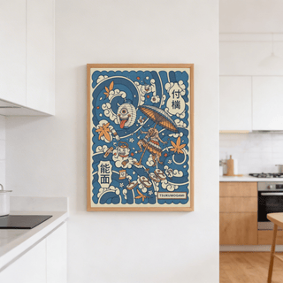 Decorative wall art print showing maple leaves, cloud curls, and small accessory objects