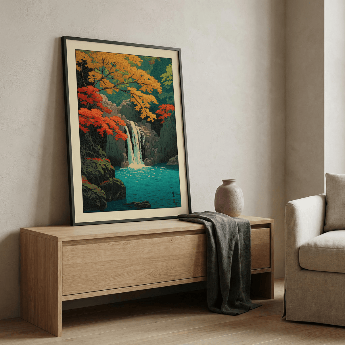 Scenic gorge landscape wall art with layered rocks and rippled pool