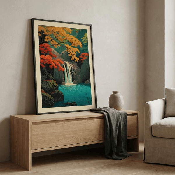 Scenic gorge landscape wall art with layered rocks and rippled pool