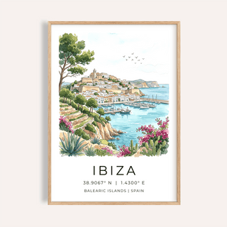 Watercolor Ibiza coastal town poster with marina boats and cliffs