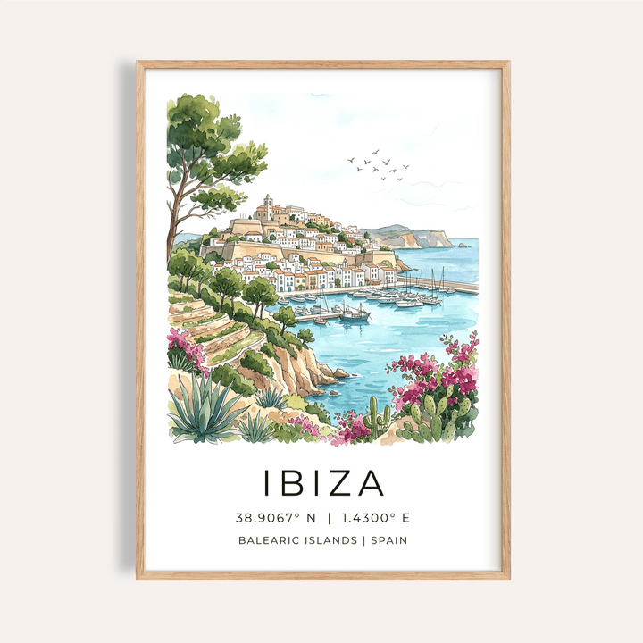 Watercolor Ibiza coastal town poster with marina boats and cliffs