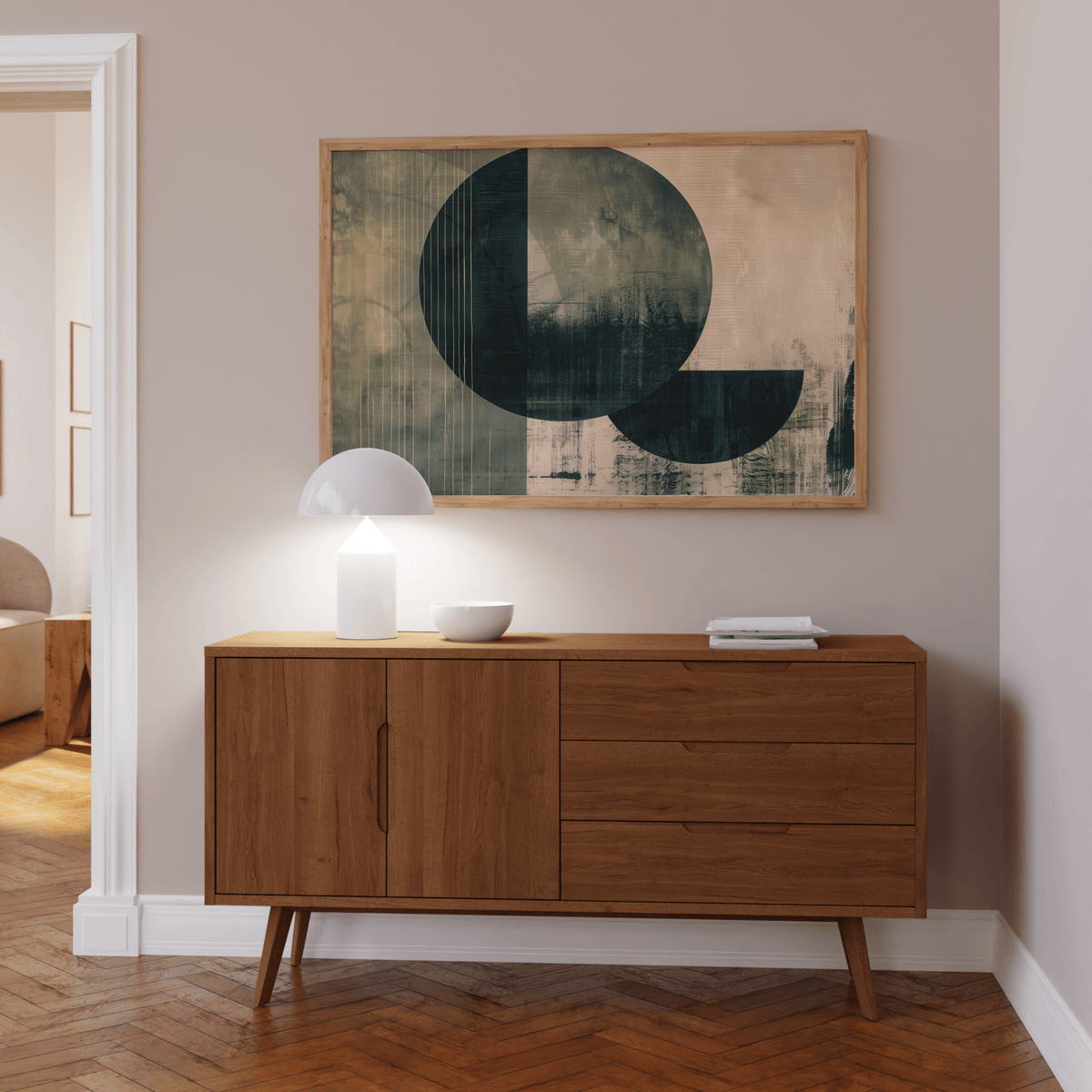 Geometric Contemporary Poster Art blending Green and Beige for entryway wall art print