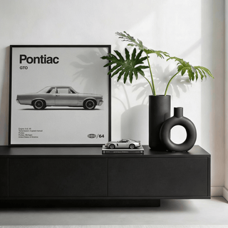 Living room wall art featuring Pontiac Gto Art Print in Gray and Black