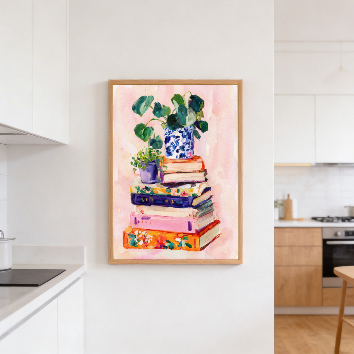 Books and Plants Art Print watercolor illustration of book pile with houseplants