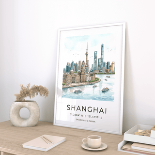 Wide river scene Shanghai wall art print with boats and modern skyscrapers