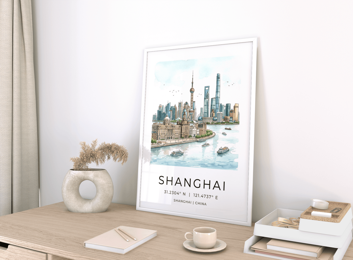 Wide river scene Shanghai wall art print with boats and modern skyscrapers