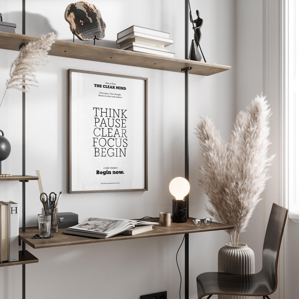 Stylish black text Motivational Art for the Office framed above desk.