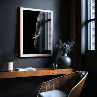 Vertical elephant poster showing trunk extended against a blurred backdrop