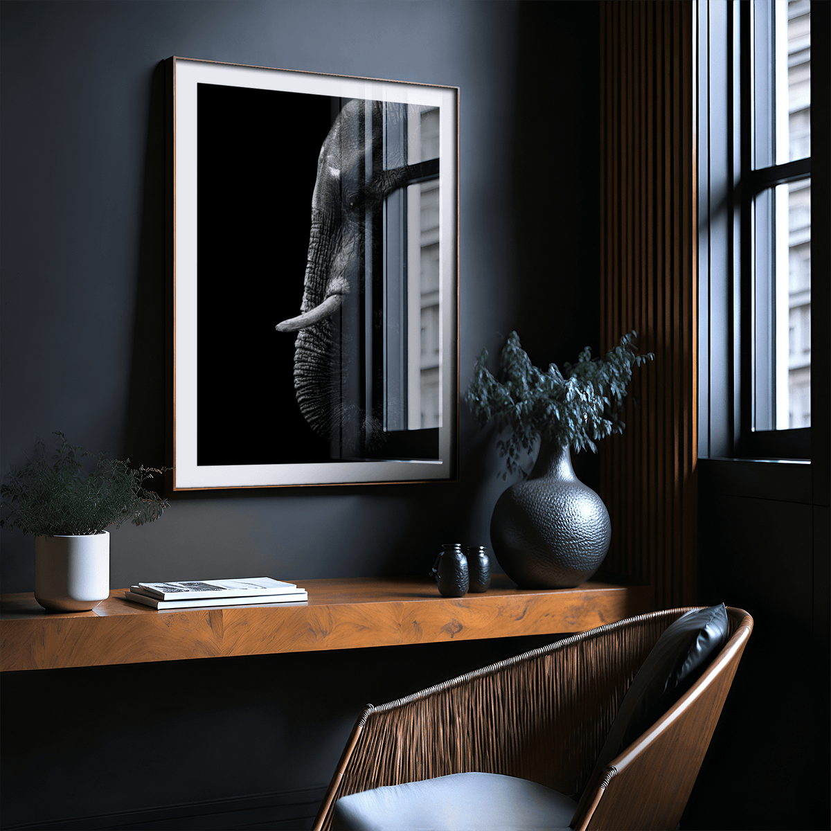 Vertical elephant poster showing trunk extended against a blurred backdrop