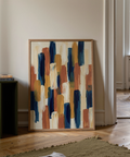 Abstract Color Blocks art print, featuring Blue, Orange, Beige, and Brown for hallway