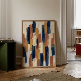 Abstract Color Blocks art print, featuring Blue, Orange, Beige, and Brown for hallway