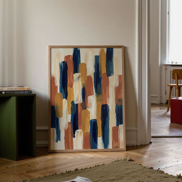 Abstract Color Blocks art print, featuring Blue, Orange, Beige, and Brown for hallway