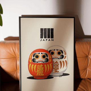 Daruma Doll Print poster in beige and orange for bedroom decor