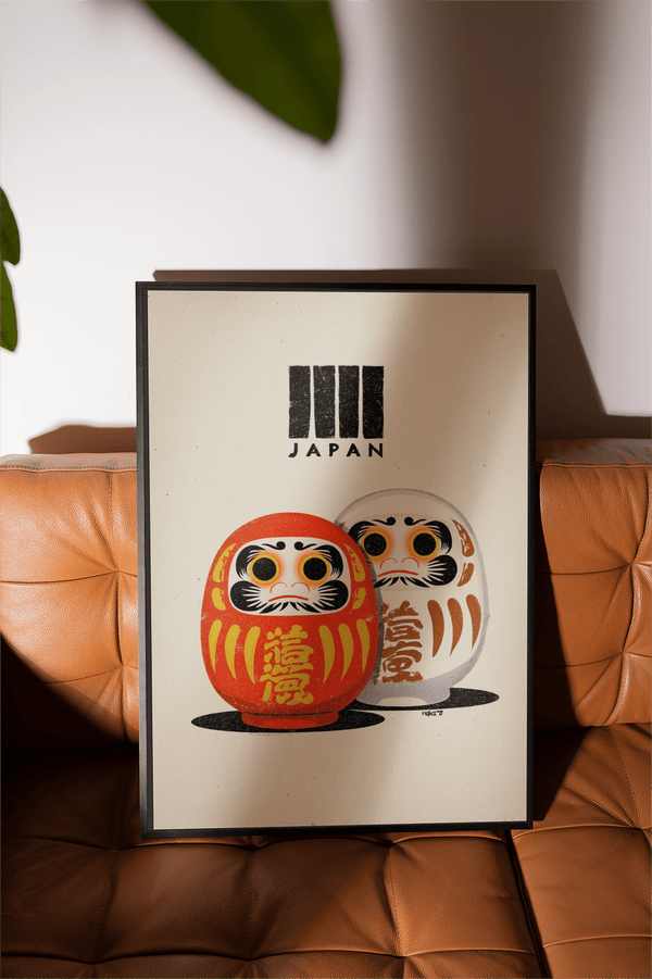 Daruma Doll Print poster in beige and orange for bedroom decor
