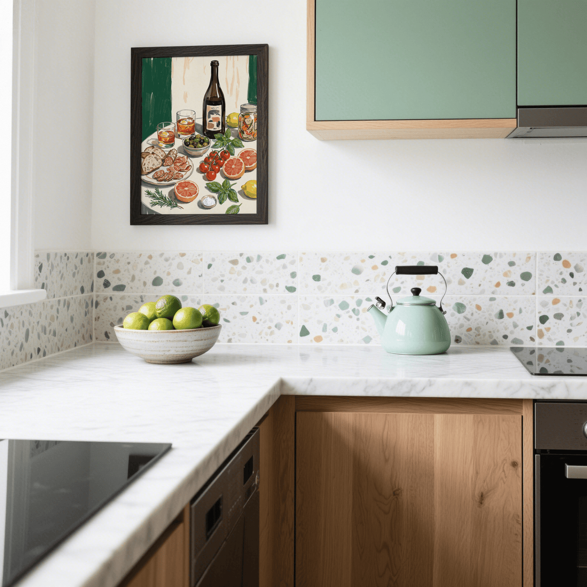 Food and Drink Art Print for kitchen decor with green and white palette wall art