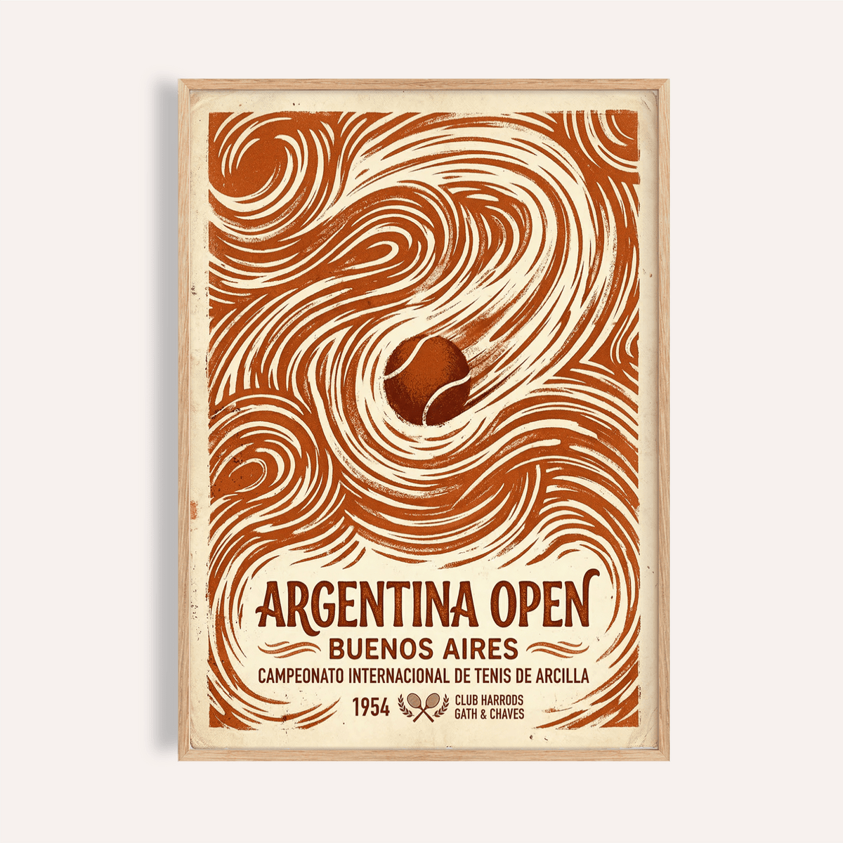 Argentina Open Poster tennis print with swirling lines and 1954 Buenos Aires text