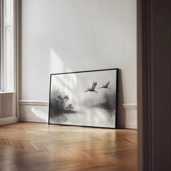 Monochrome artwork of cranes in flight, Japanese cranes flying art for serene decor.