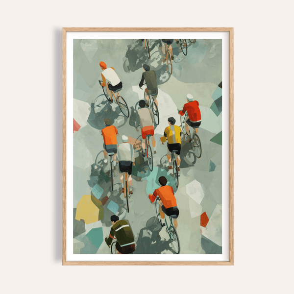 Overhead cyclists poster print with riders and long shadows