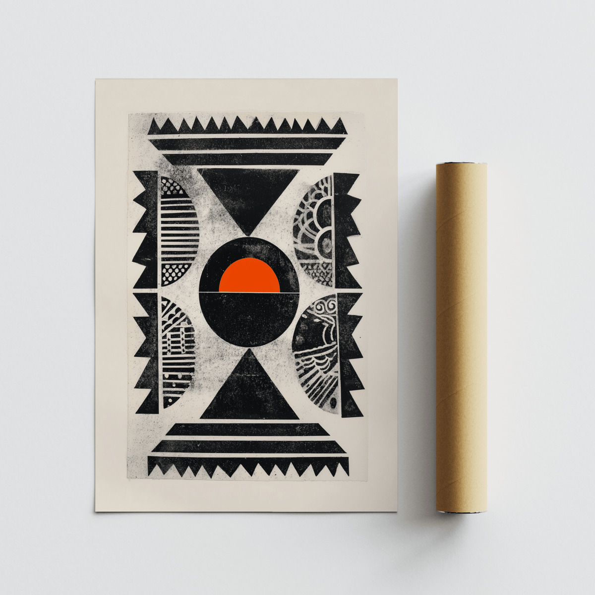 Handmade-look textured poster print with zigzag frame and central circular motif