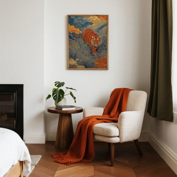 Oriental artwork of a tiger stepping through patterned foliage in warm tones.