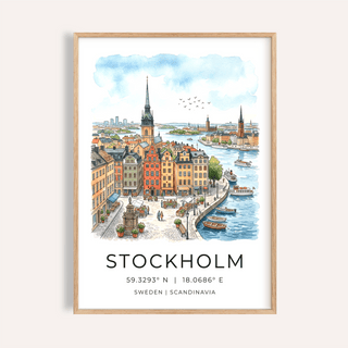 Illustrated Stockholm waterfront wall art poster with row houses and boats