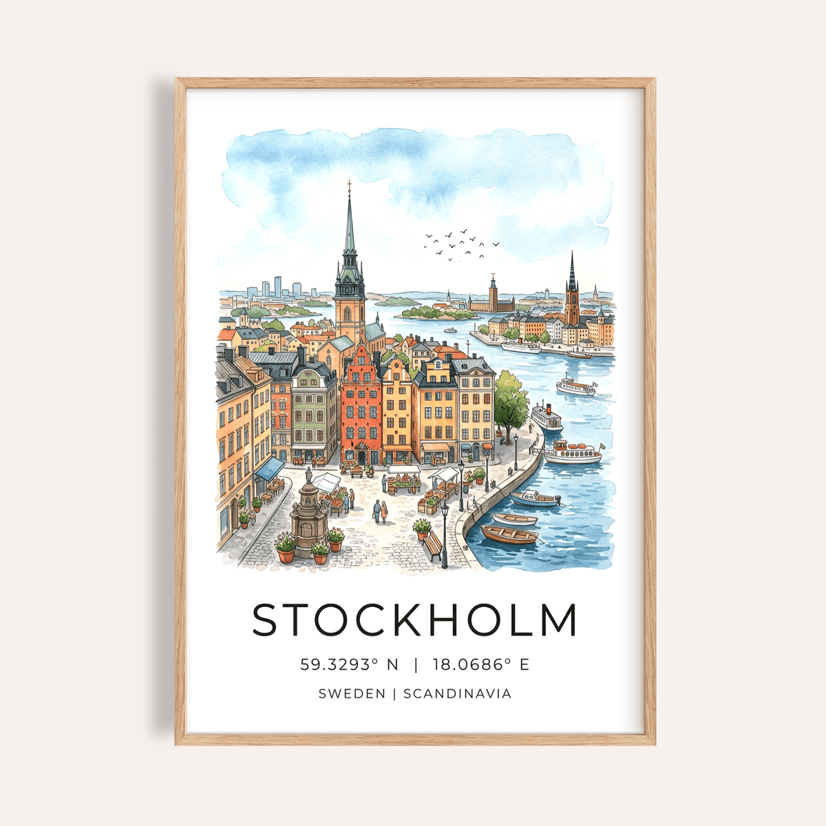 Illustrated Stockholm waterfront wall art poster with row houses and boats