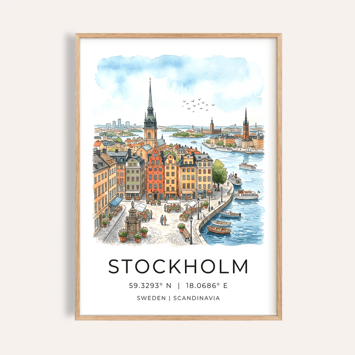 Illustrated Stockholm waterfront wall art poster with row houses and boats