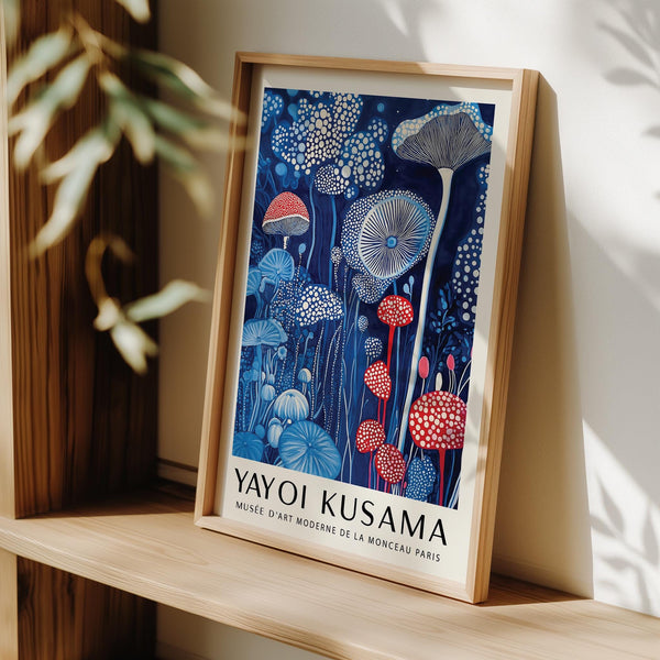 Mushroom art print showcasing tall fungi and circular organic patterns.