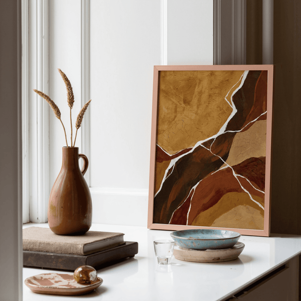 Minimalist Abstract Earth Tones Art with red, brown, and beige tones for hallway art print
