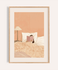 Woman Reading Book Art print for bedroom with Pink, White, Beige, Orange wall art