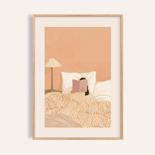 Woman Reading Book Art print for bedroom with Pink, White, Beige, Orange wall art