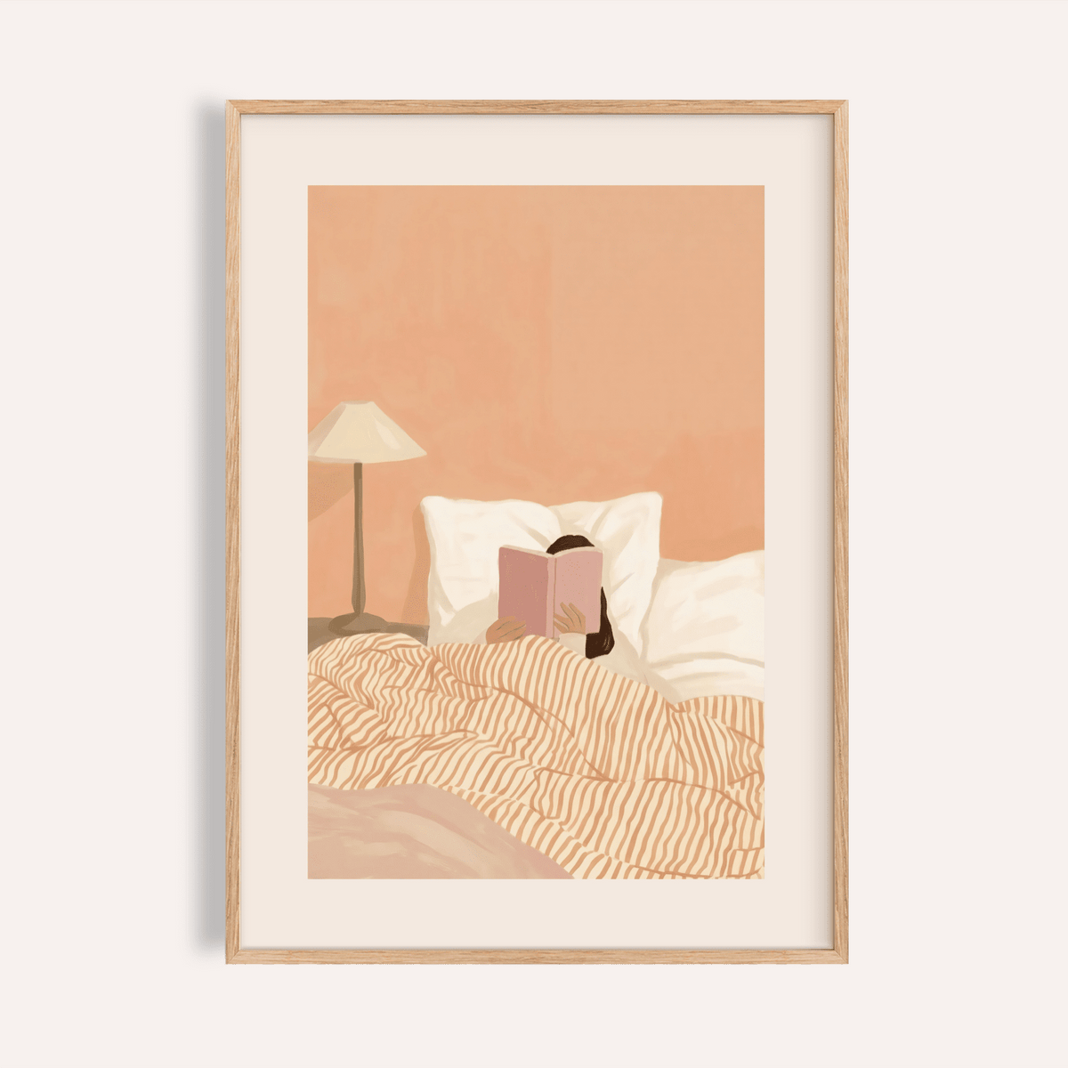 Woman Reading Book Art print for bedroom with Pink, White, Beige, Orange wall art