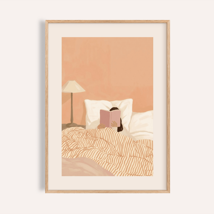 Woman Reading Book Art print for bedroom with Pink, White, Beige, Orange wall art