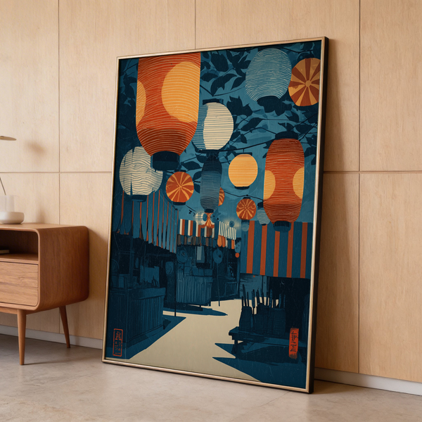 Illustrated festival scene print with circular lanterns, shop stalls, and deep perspective