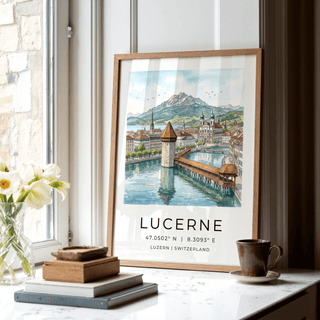 Lucerne Watercolor Art Print displaying alpine skyline and historic rooftops