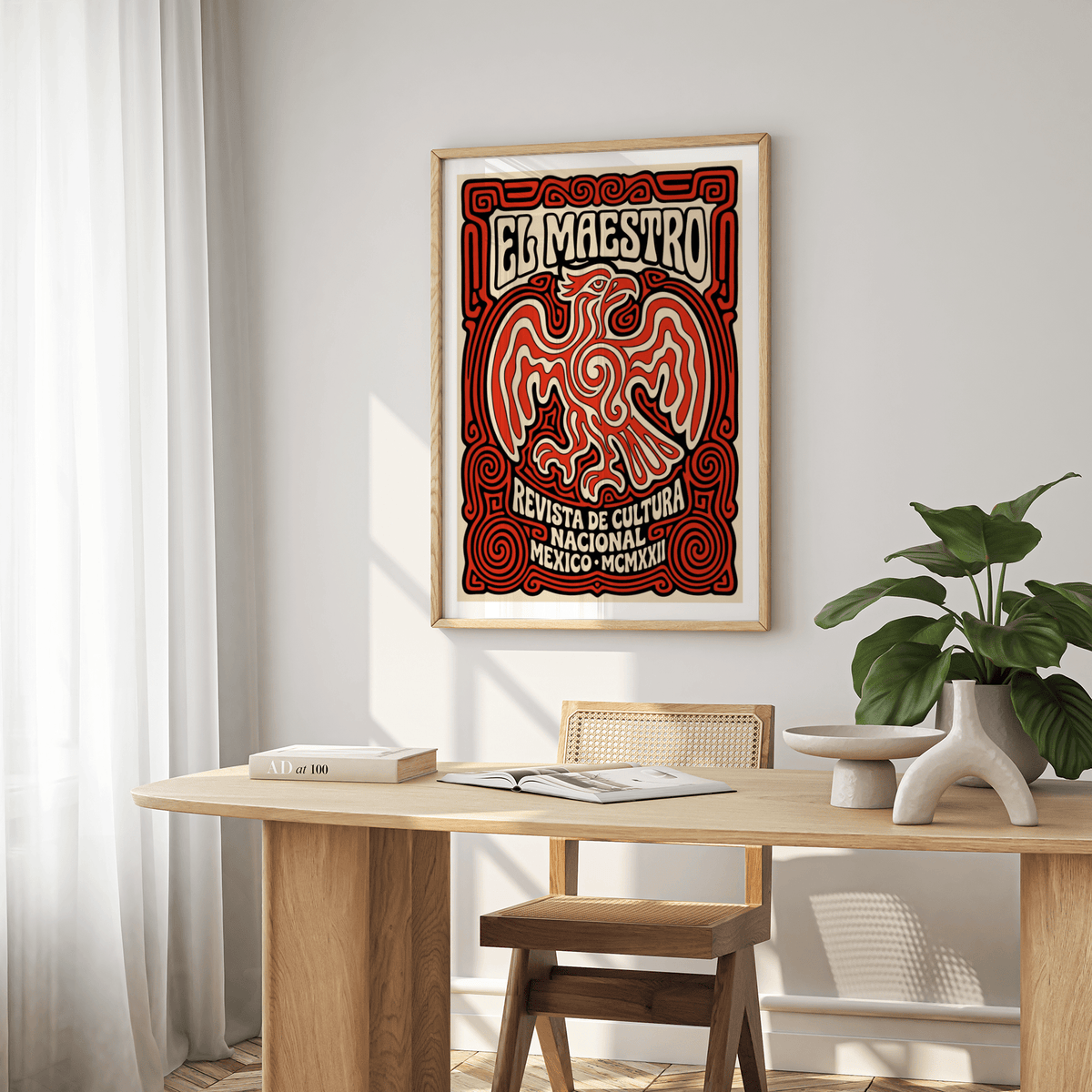 Displaying graphic eagle poster print with maze-like curves and headline lettering