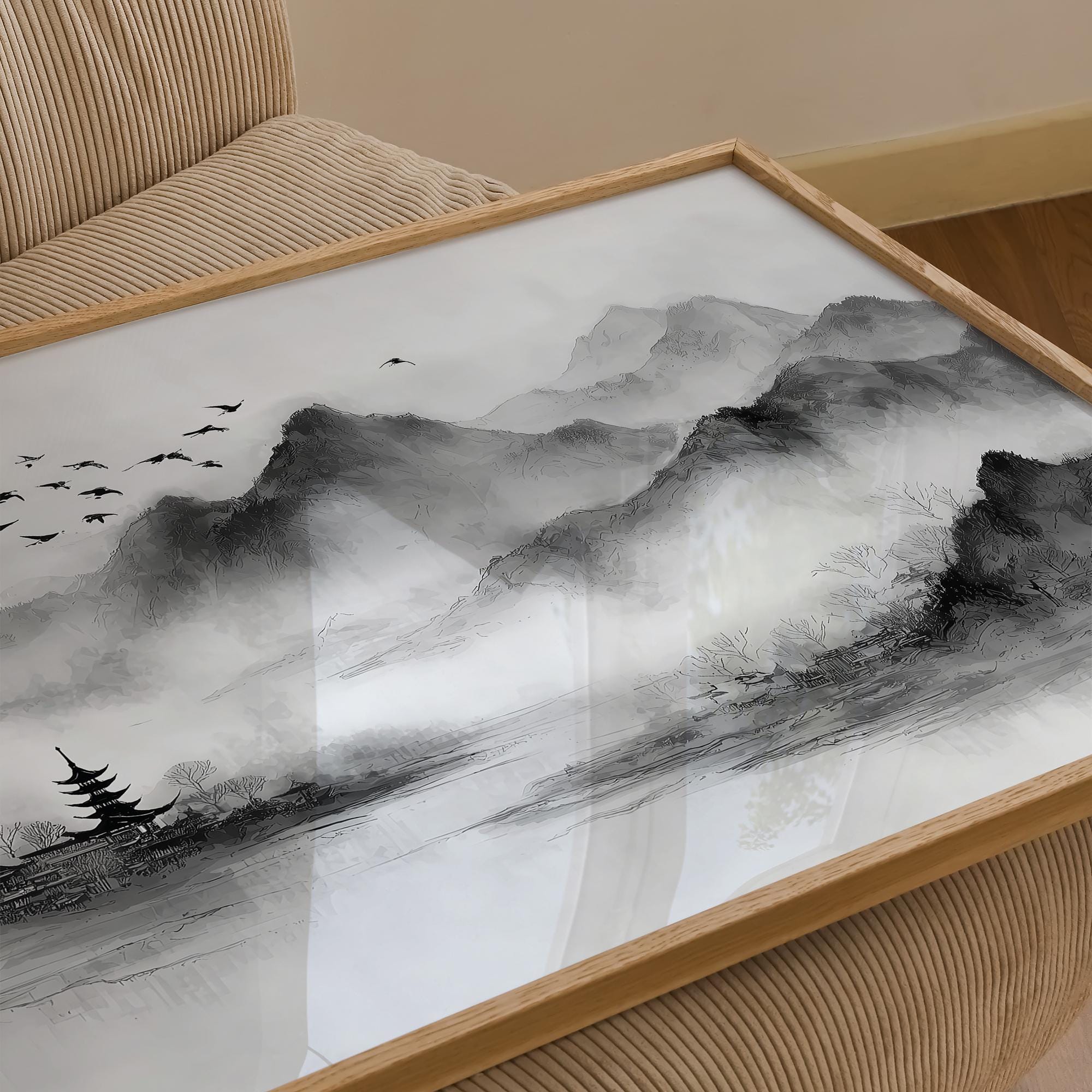 Black and White Landscape Print | Misty Mountain Scene