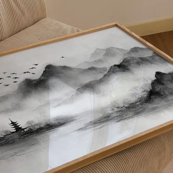 Mist-filled mountain valley with flying birds, black and white landscape print.