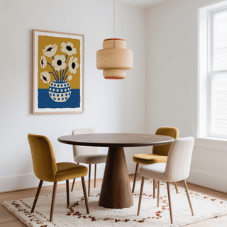 Flower Art Print with Blue, Yellow, Beige, and White tones, dining room