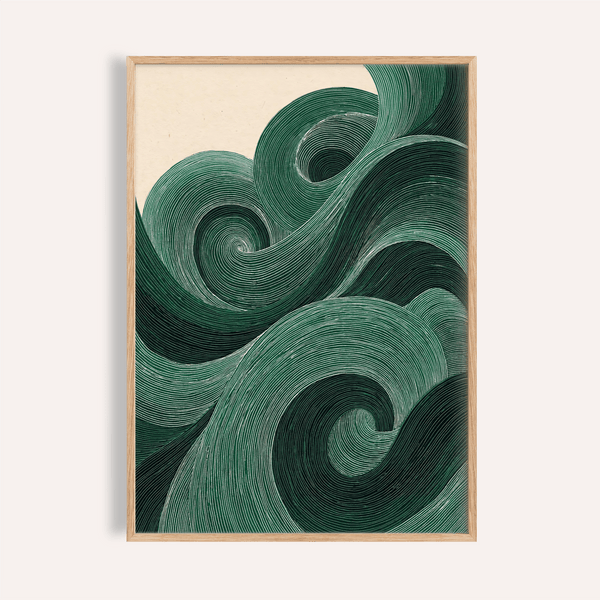 Modern Green Wall Art print with green and beige swirls for living room wall art