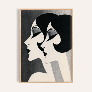 Featuring two overlapping female profile faces, Art Deco Female Profiles Print poster with bold hair shapes