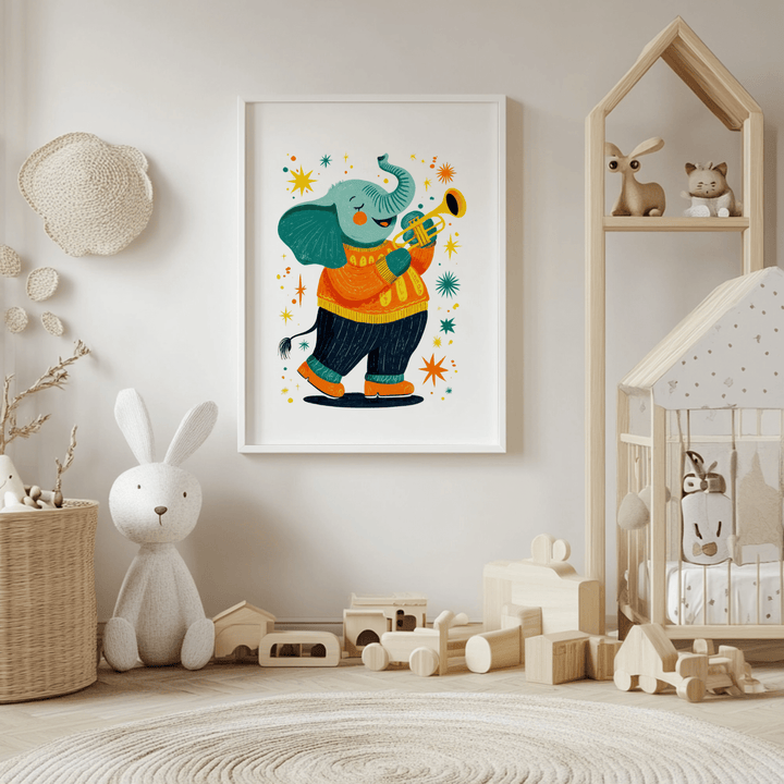 Print on a wall of Musical Animal Poster with elephant playing trumpet in bright colours in a child's room with toys