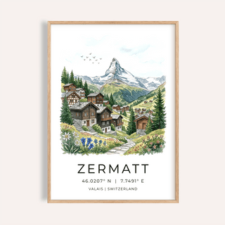Illustrated alpine village poster with ZERMATT title and mountain peak