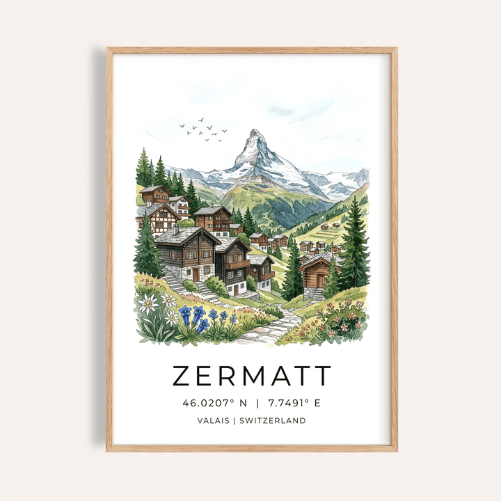 Illustrated alpine village poster with ZERMATT title and mountain peak