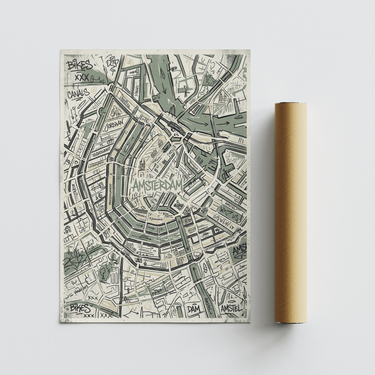 Hand-drawn city plan wall art print featuring Amsterdam canal network and street names